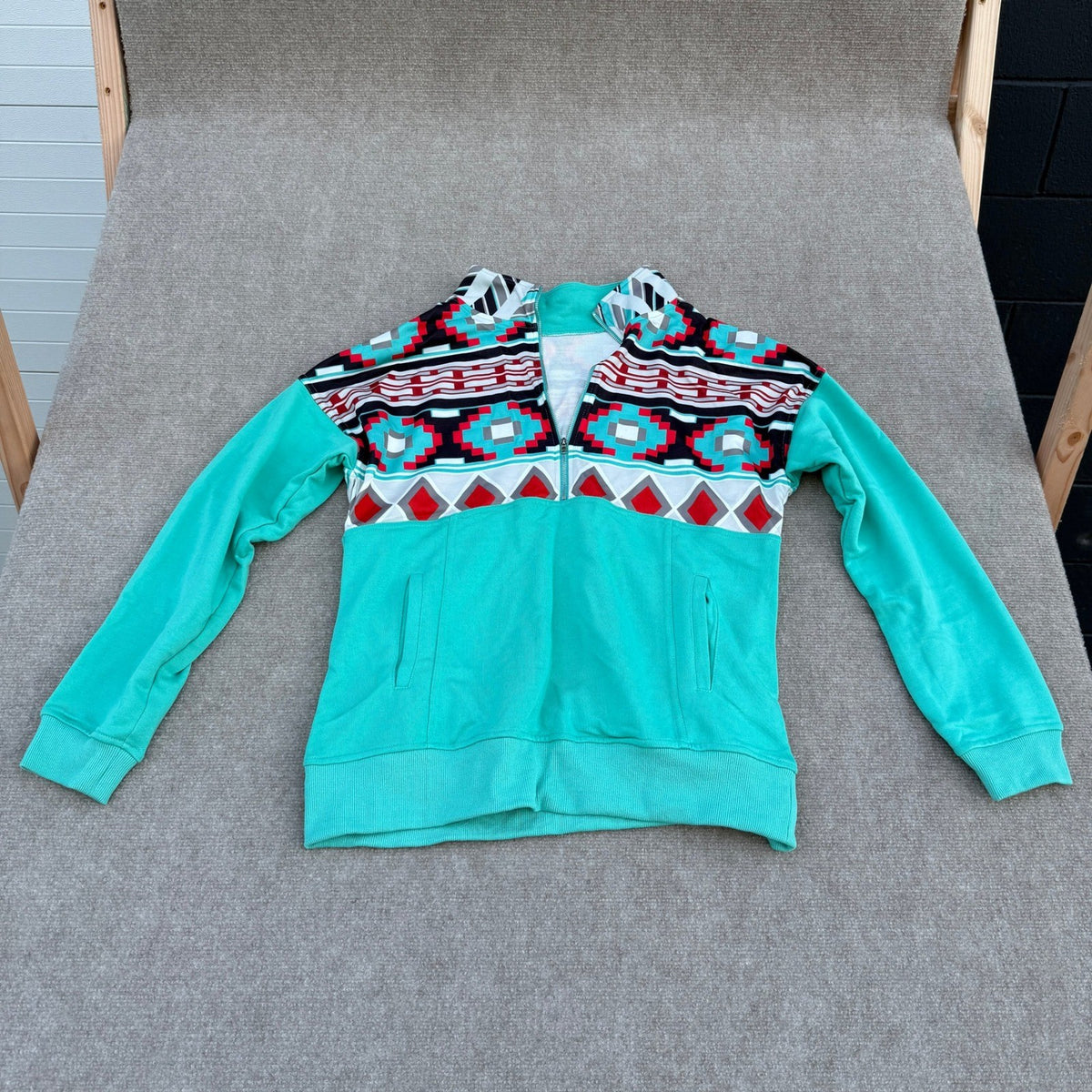 Women's Sky Blue L Half Zip Casual Aztec Geometric Sweatshirt Long Sleeve