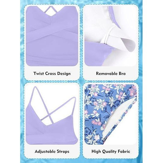 MSRP $26 Girls 11-12Y Purple Swimsuit Tankini Criss Cross Ruched 2 Piece Bathin
