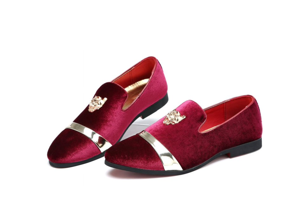 Santimon Mens Red US 6.5, 8 Velvet Loafers Golden Animal Buckle Slip-On Formal D