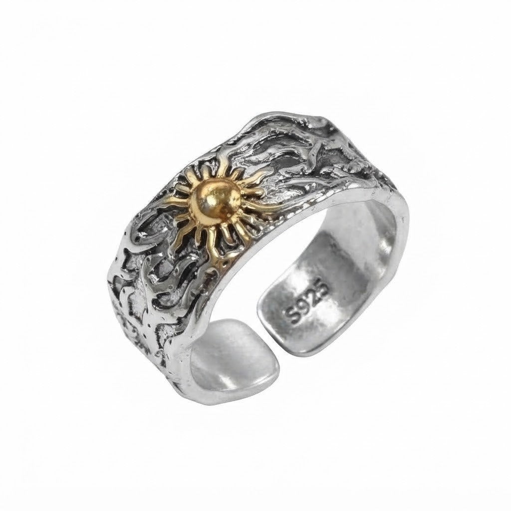 Retro Golden Sun Ring 925 Sterling Silver Mens Punk Gothic Trendy Jewelry Size 8