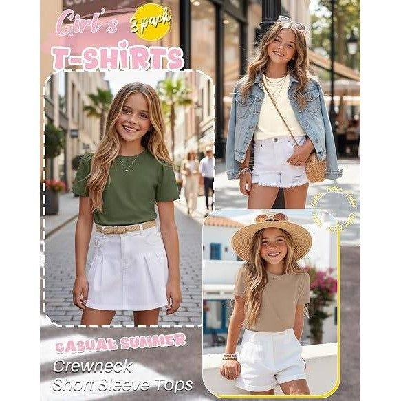 NWT LessonZoo 3 Pack Girls 7-8Y Cream/Khaki/Olive Green Bow Crewneck Tees Short