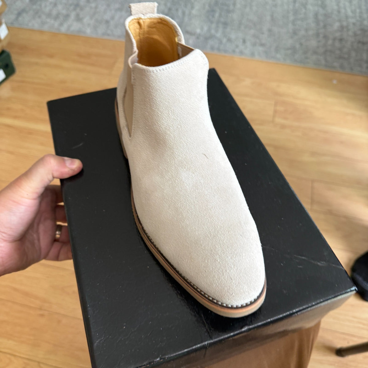 Santimon Men's US 6-6.5 Beige Suede Casual Chelsea Ankle Dress Boots