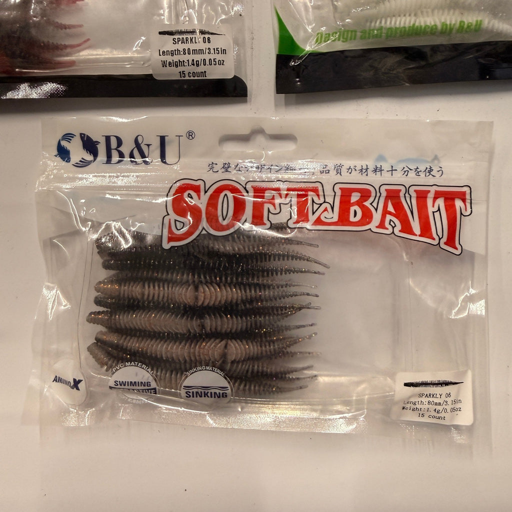 Set of 5 (15 pcs Each) B&U Baits Floating Soft Fishing Sparkly 3.15" Fishing
