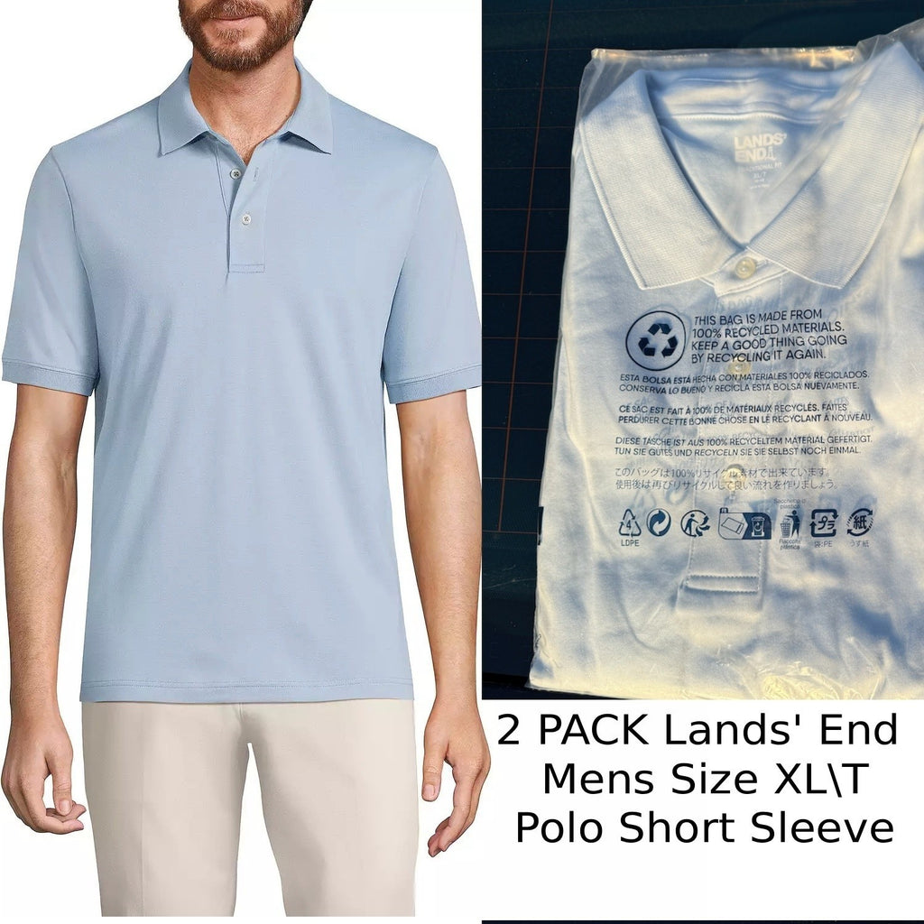 2 Pack Lands' End Mens XL/T Soft Blue Haze Polo Shirt Short Sleeve Supima Cotton