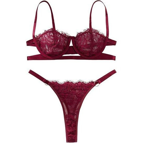 MSRP $20 Lilosy S Burgundy Red Two Piece Sexy Eyelash Underwire Floral Lace