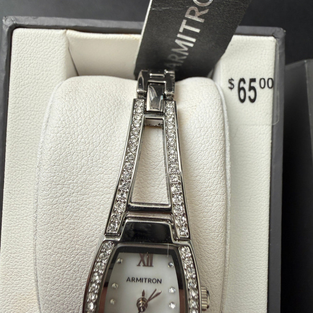 MSRP $65 Armitron 75/3531 Women's Silver Tone Crystal Bangle Watch New Battery