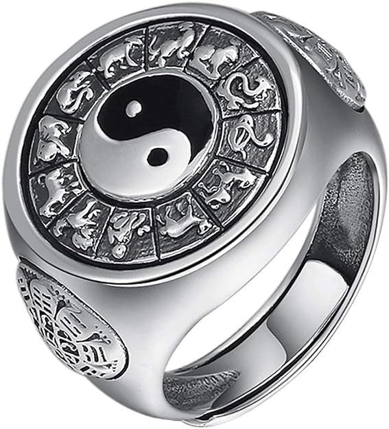 Yin Yang Chinese Horoscope Zodiac Signet Spinner Ring Stainless Steel Size 7