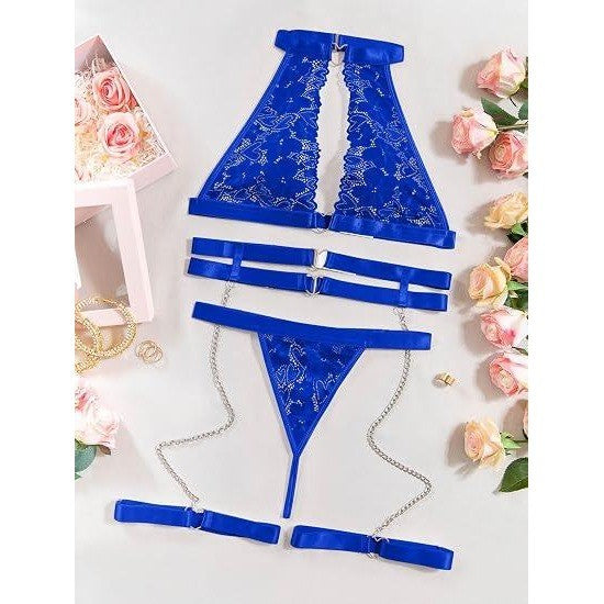 MSRP $30 Foxiny Womens XL Royal Blue Sexy Lingerie Set 3 Piece Halter Outfits H