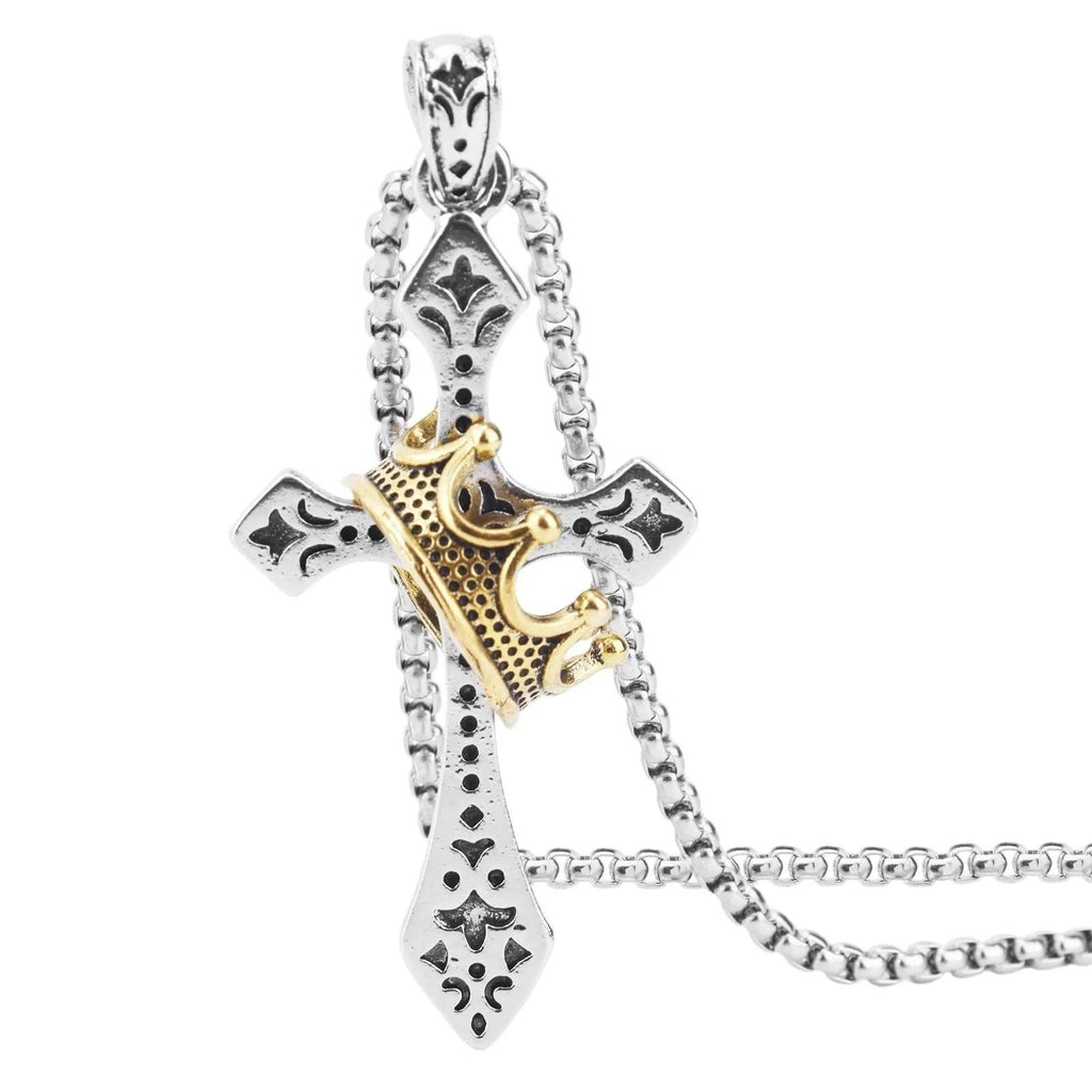 Mens Cross Necklace Silver Tone w/ Gold Tone Crown Pendant Christian Jewelry
