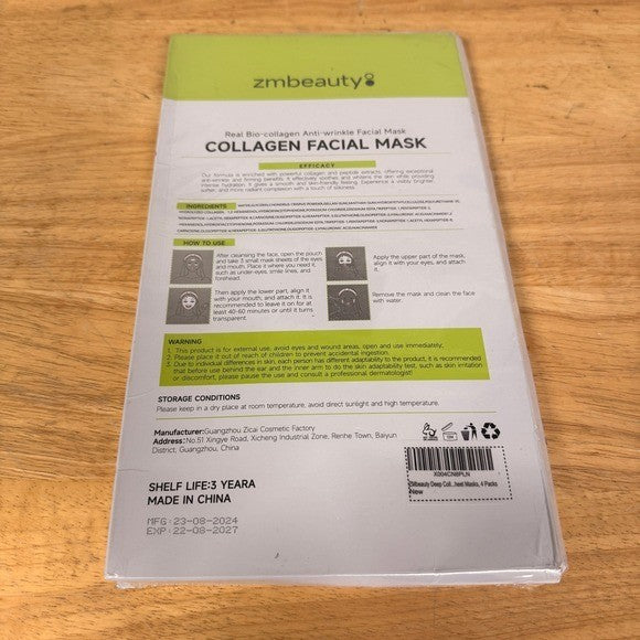 Pack of 4 ZMbeauty Collagen Anti-Wrinkle Face Mask Exp 08/2027 with 9 Peptides