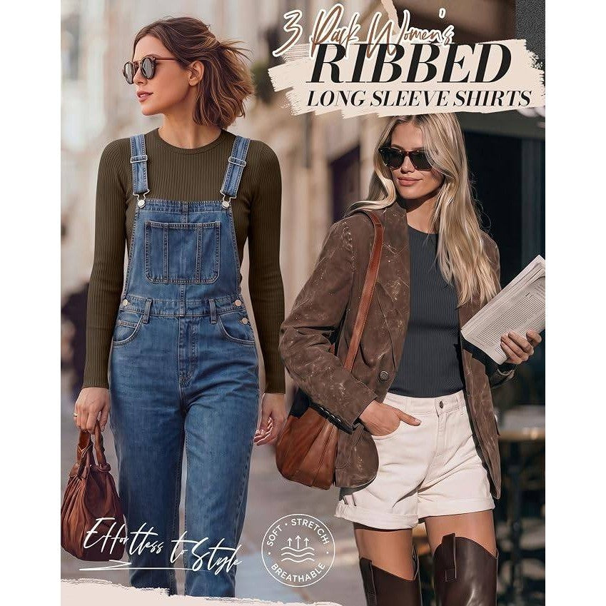 MSRP $51 Ficerd 3 Pack Women's M Ribbed Crew Neck Long Sleeve Shirts Slim Fitte