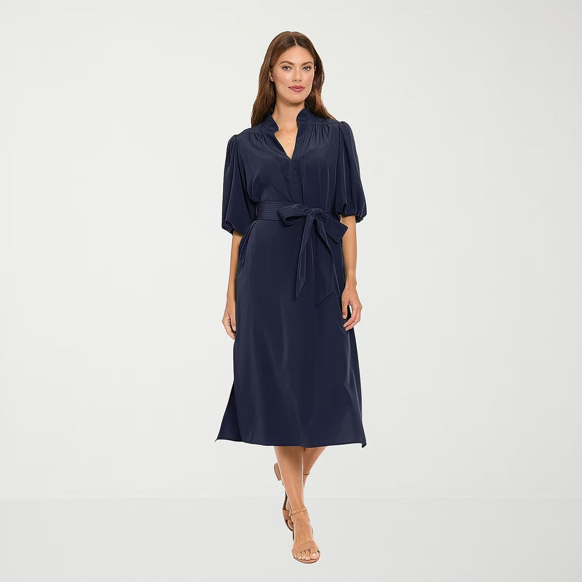 MSRP $89 London Times Womens L Navy Midi V Neck Elbow Sleeve Shift Dress