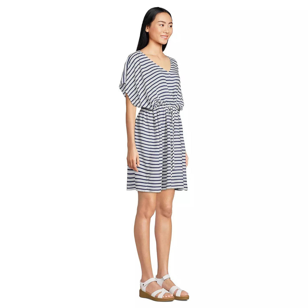 Lands' End Women's M LONG Short Sleeve Gathered Waist Swim Cover-up Dress