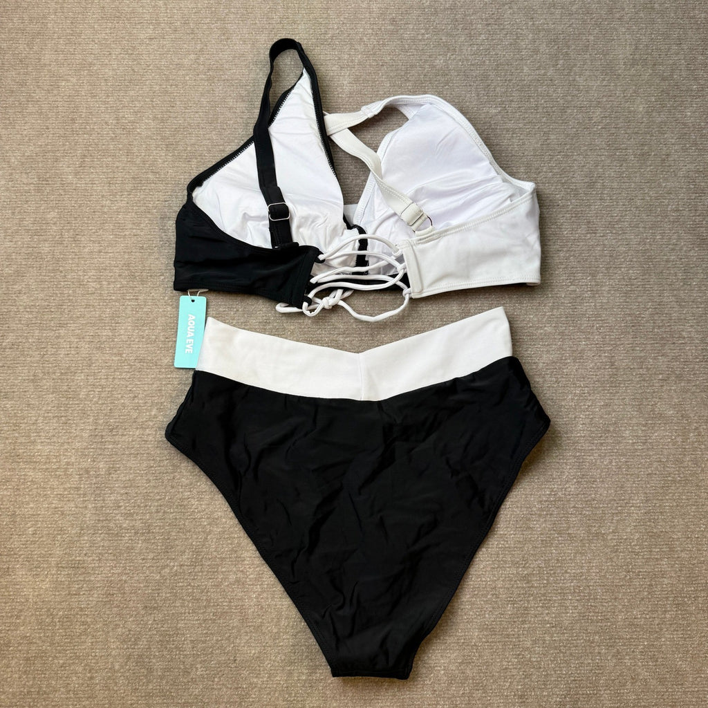 MSRP $42 Aqua Eve Womens XL Black/White 2 Piece Swimsuits High Waist Bikini Tw