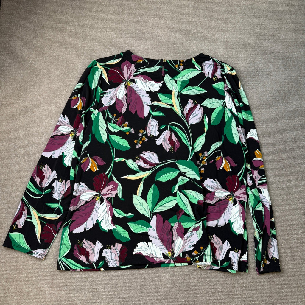 MSRP $44 Liz Claiborne Womens XXL Petite Black Floral Long Sleeve Blouse Round