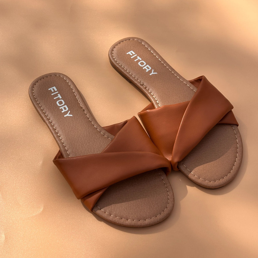 FITORY Women's US 6, 7 Brown Flat Sandals Soft Leather Slide Slippers Summer Fas