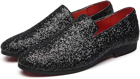 Santimon Men's US 6.5 - 12.5 Black Glitter Slip-On Loafers Sequin Dress Shoes