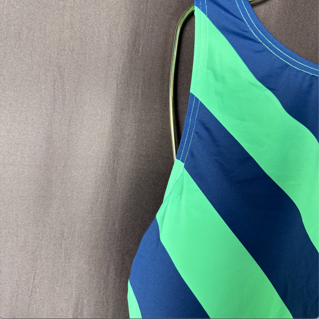 Lands' End Women's 4, 2-4 LONG Striped High Neck Tankini Top Swimwear Navy/Green