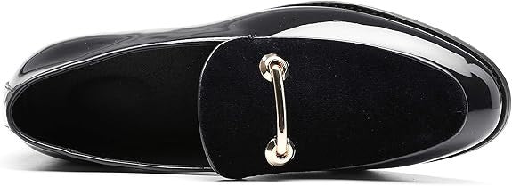 Santimon Men's US 10 Black Casual Smoking Loafers Suede Patent Leather Shoes