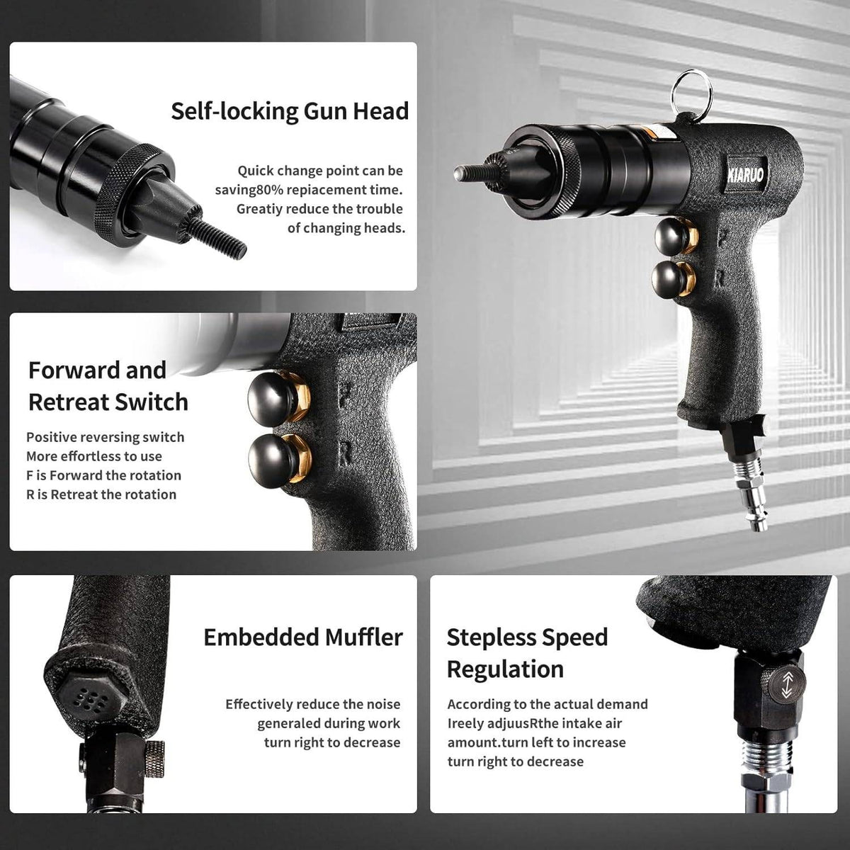 KIARUO LM07 Pneumatic Rivet Nut Tool M6 M8 M10 Metric with Self-locking Head To