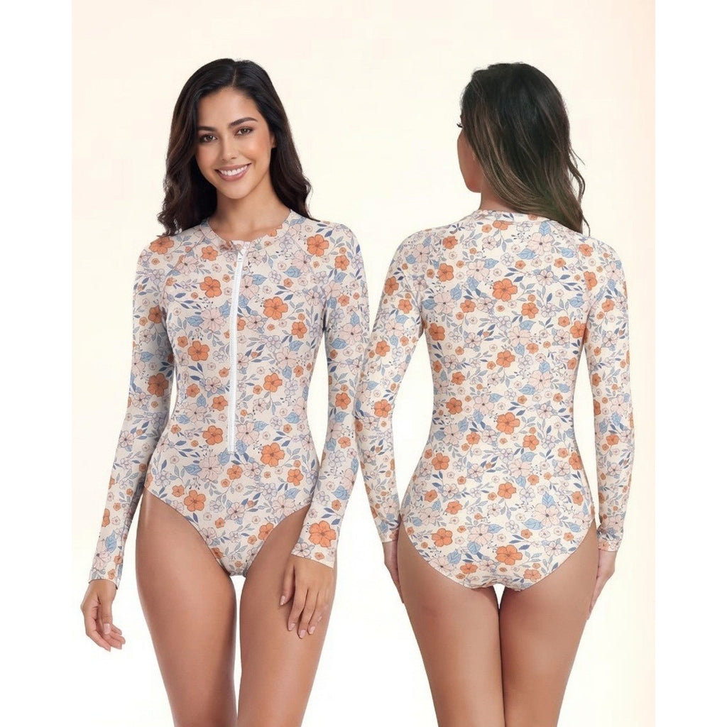 MSRP $32 Century Star Women's S Orange Flower Long Sleeve Swimsuits Rash Guard