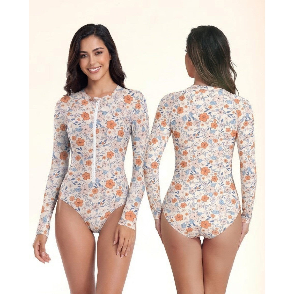 MSRP $32 Century Star Women's S Orange Flower Long Sleeve Swimsuits Rash Guard