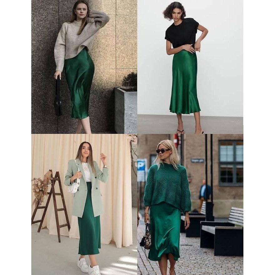 MSRP $39 Zeagoo Women's M Green Satin High Waist Elegant Midi Skirt Flowy