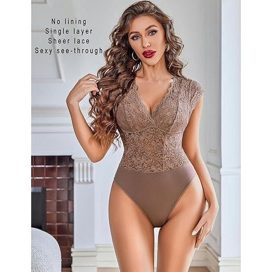 MSRP $26 Avidlove Women's S Brown Lace One Piece Bodysuits Sexy V Neck Sheer