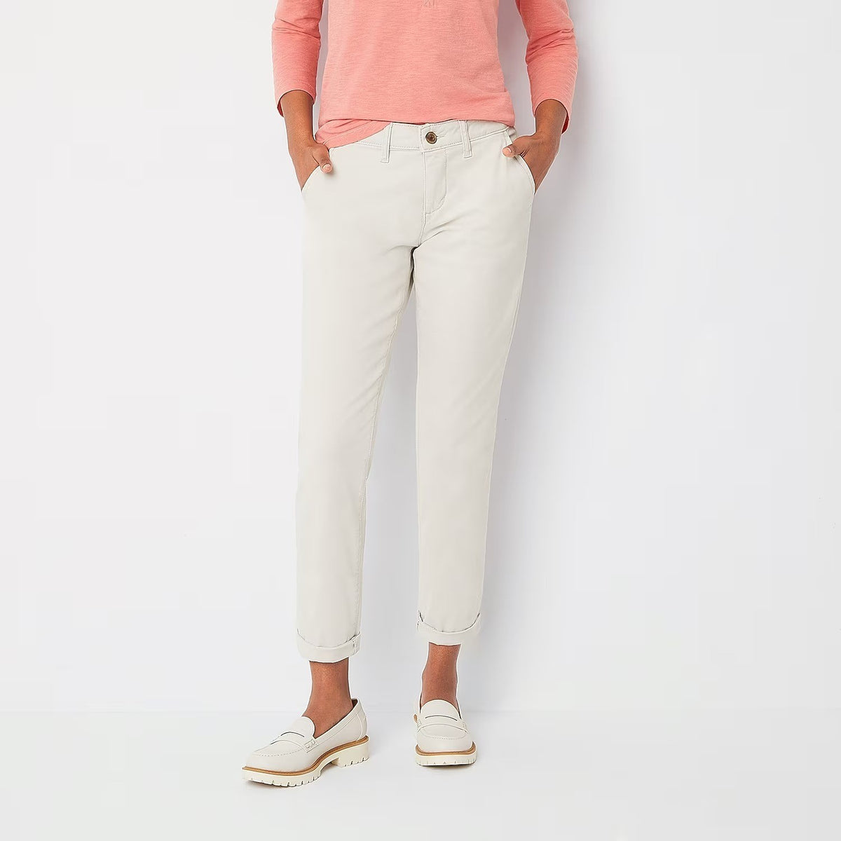 MSRP $44 St. John's Bay Women's 14 Moonbeam Relaxed Fit Girlfriend Chino Pants