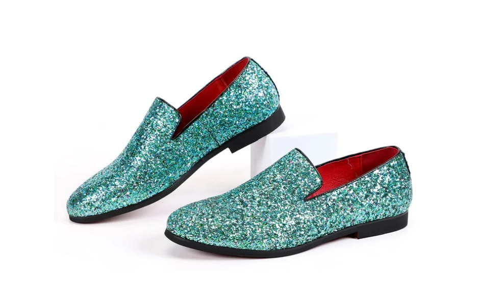 Santimon Men's US 7 - 12.5 Cyan Glitter Slip On Loafers Sequin Dress Shoes