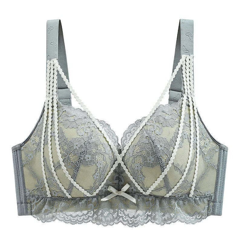 Women’s Plus Size 38-44/85-100 C-D Grey Floral Lace Wireless Bra, Full Coverage,