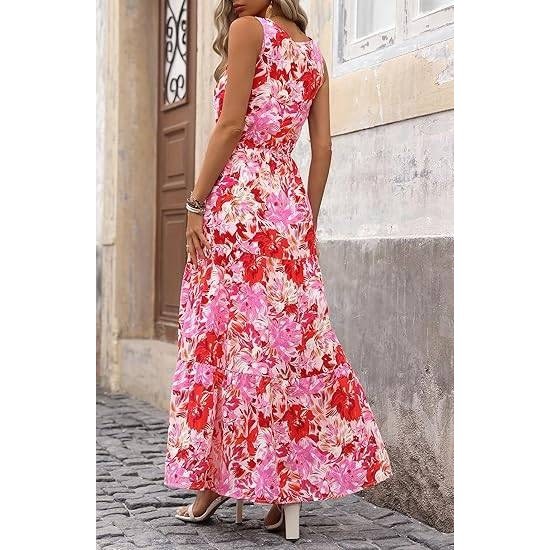 MSRP $54 BTFBM Women's Rose Red Flower L Summer Maxi Dress V-Neck Wedding Gu