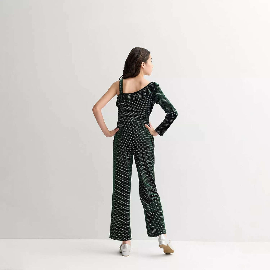 MSRP $60 Kohl's Eyeshadow Girls XL (16) Green Silver Glitter Dot Velvet Jumpsuit