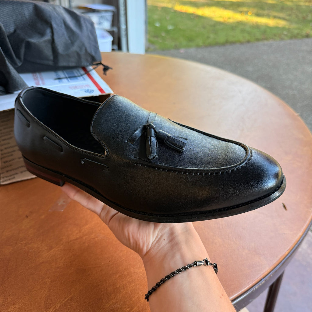 Santimon Men's US 12.5 Black Tassel Flats Loafers Slip On Dress Shoes