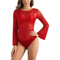 SEBOWEL Women's L Red Rhinestone Bodysuit Bell Sleeve Glitter Sparkly See Throu