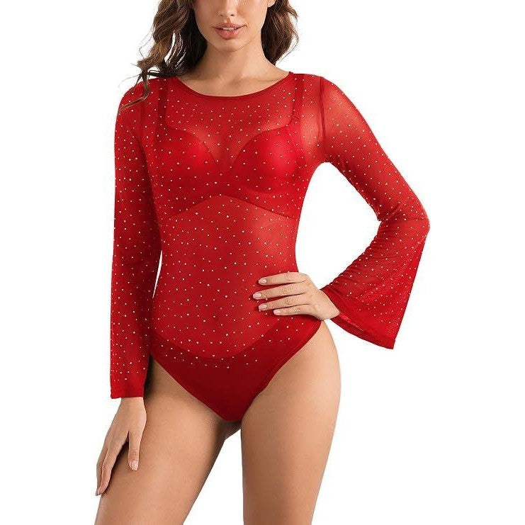SEBOWEL Women's L Red Rhinestone Bodysuit Bell Sleeve Glitter Sparkly See Throu