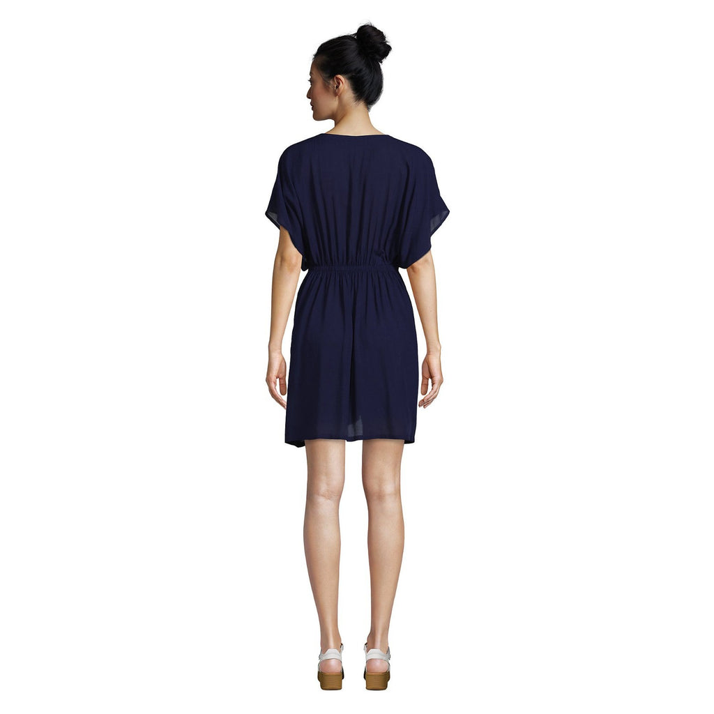 Lands End Women's M-L Deep Sea Navy Sheer Short Sleeve Gathered Waist Swim Dress