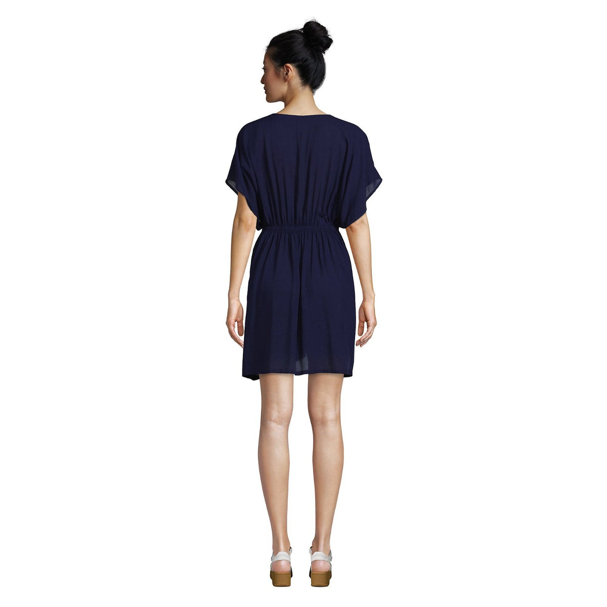 Lands End Women's M-L Deep Sea Navy Sheer Short Sleeve Gathered Waist Swim Dress