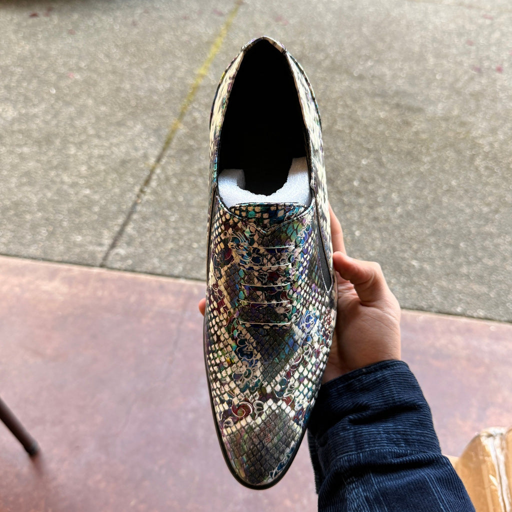 Santimon Men's US 6 Multi Purple Snake Print Leather Slip On Loafers Dress Shoes