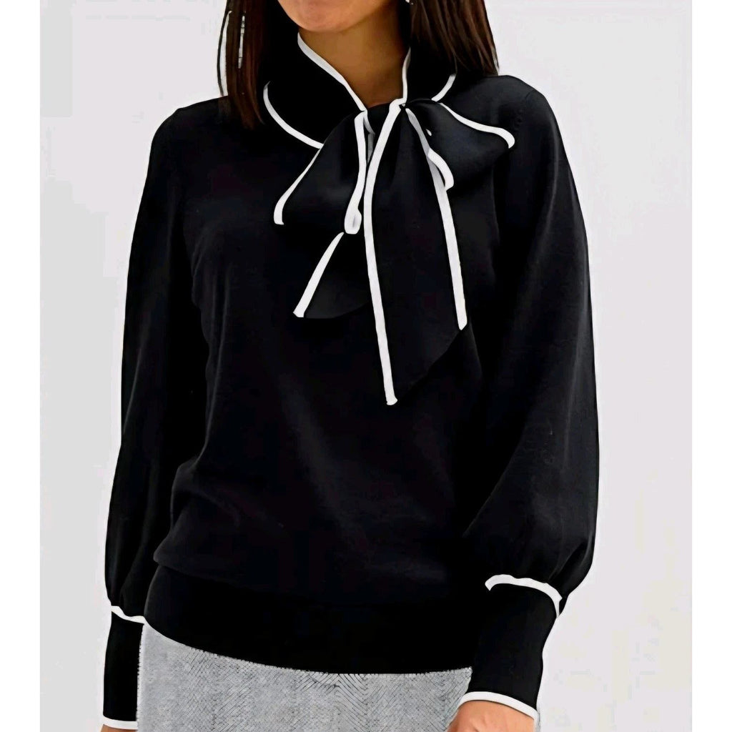 MSRP $48 Liz Claiborne Womens S Petite Black Split Tie Neck Pullover Sweater Lo