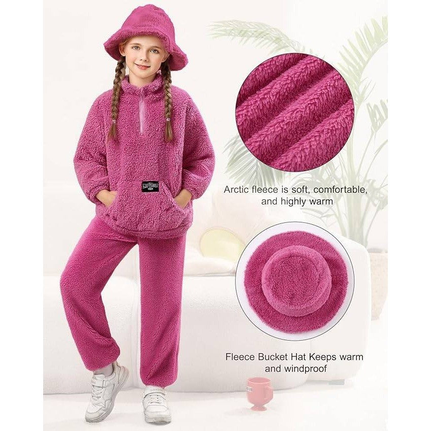 MSRP $32 Latnnut Girls 9-10 Years Fuzzy Pants Set Quarter-zip Sweatshirt w/ Kan