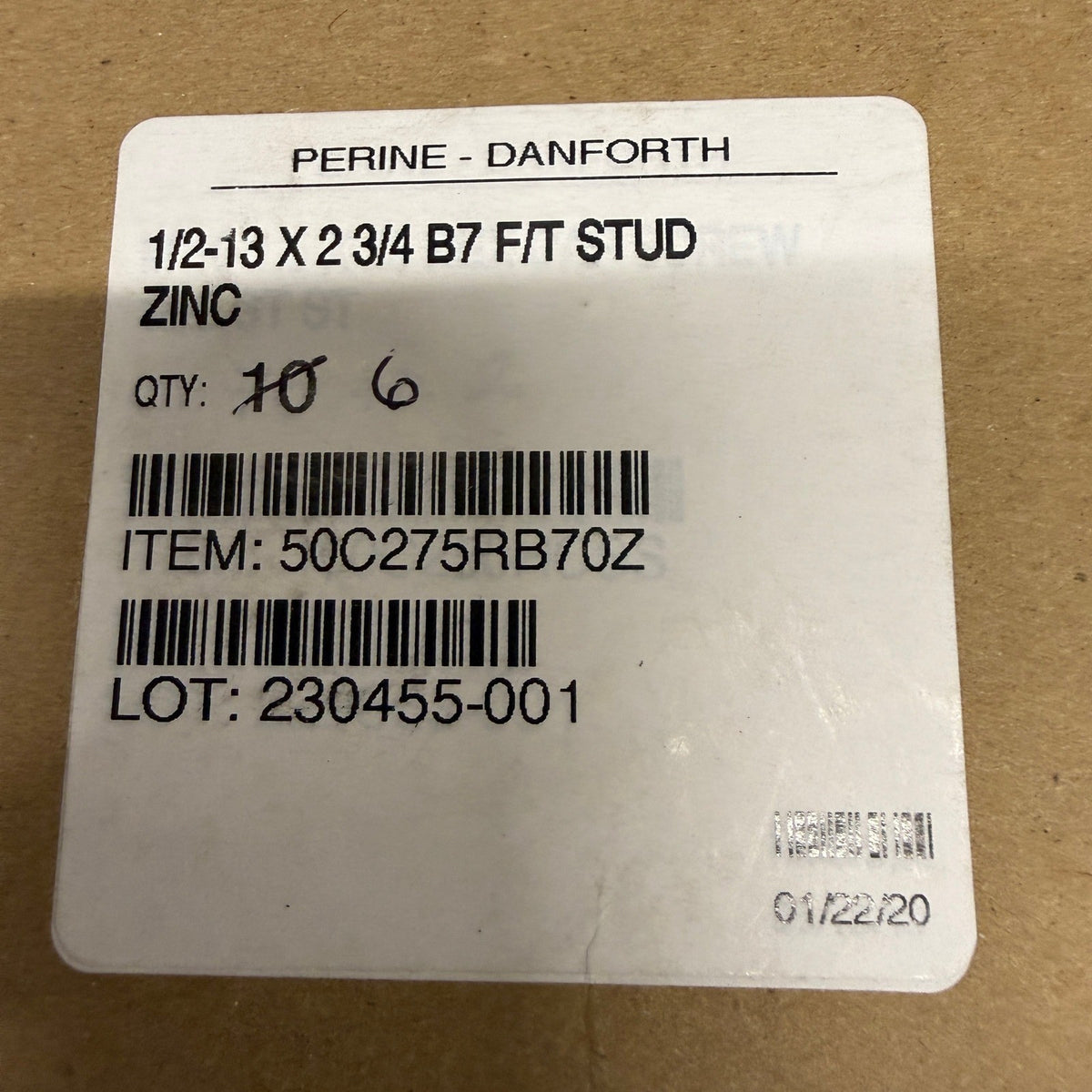 Pack of 6 Perine-Danforth 1/2-13 x 2-3/4 B7 Full Thread Stud Zinc
