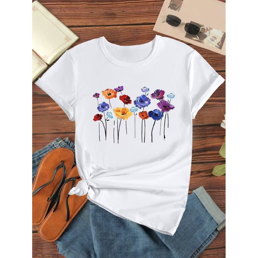 NWT Shein Emery Rose Women's L Casual Floral Print White Short Sleeve T-Shirt W
