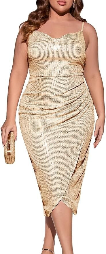 XL ZOMVA 2023 Plus Size Sparkle Sequin Dress Glitter Ruched Spaghetti Strap Midi