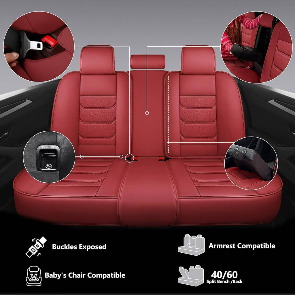 Isen-CoverAuto Wine Red Full Set Universal Fit Coverage Faux Leather Car Seat