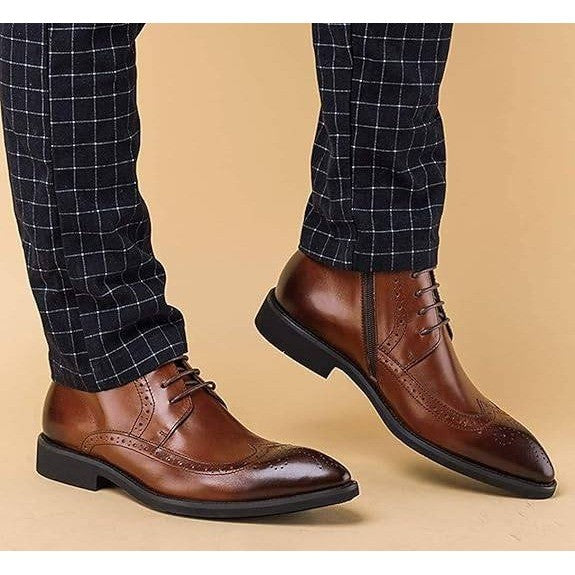 Santimon Men's US 9 Brown Wingtip Pointed Toe Lace Up Ankle Dress Boots Side Zip