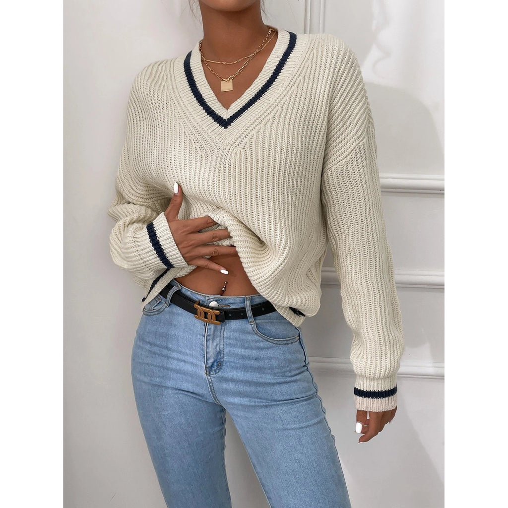 NWT Shein Frenchy Women's S Beige Striped Trim Drop Shoulder Cricket V Neck