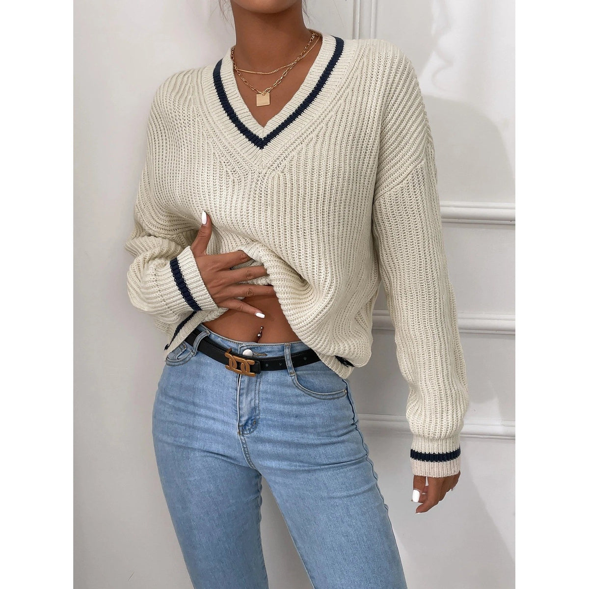 NWT Shein Frenchy Women's S Beige Striped Trim Drop Shoulder Cricket V Neck