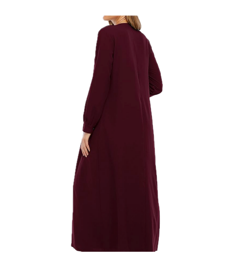 Abetteric Women Solid Color Zipper Abaya Muslim Dress w/ Pockets Islamic Prayer