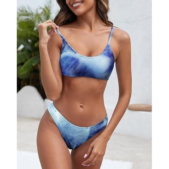 MSRP $39 Fanuerg Women's L Blue Tie Dye Ribbed Bikini Set Two Piece Bathing Sui